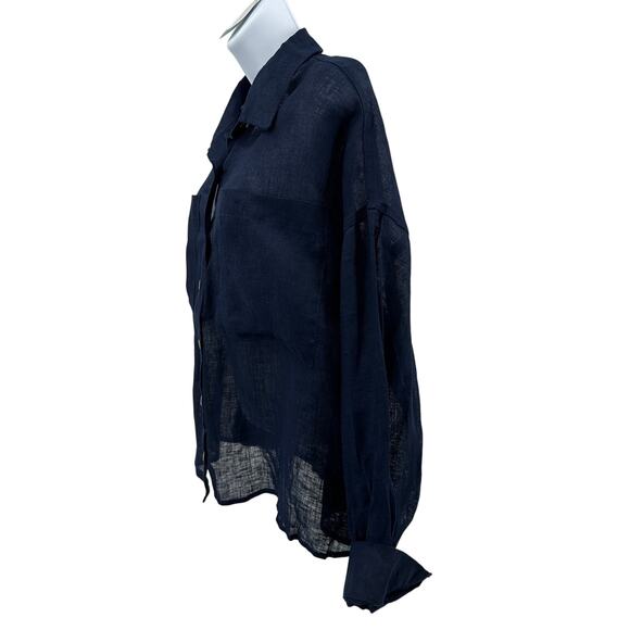 Cynthia Rowley 100% Linen Shirt WMNS L Blue Navy Long Sleeve Button Front Sheer - Picture 4 of 9